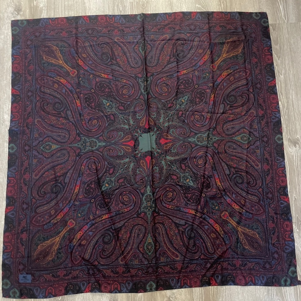 Etro Bergdorf Goodman Blue Red Multicolor Paisley Square Scarf Italy Wool/Silk